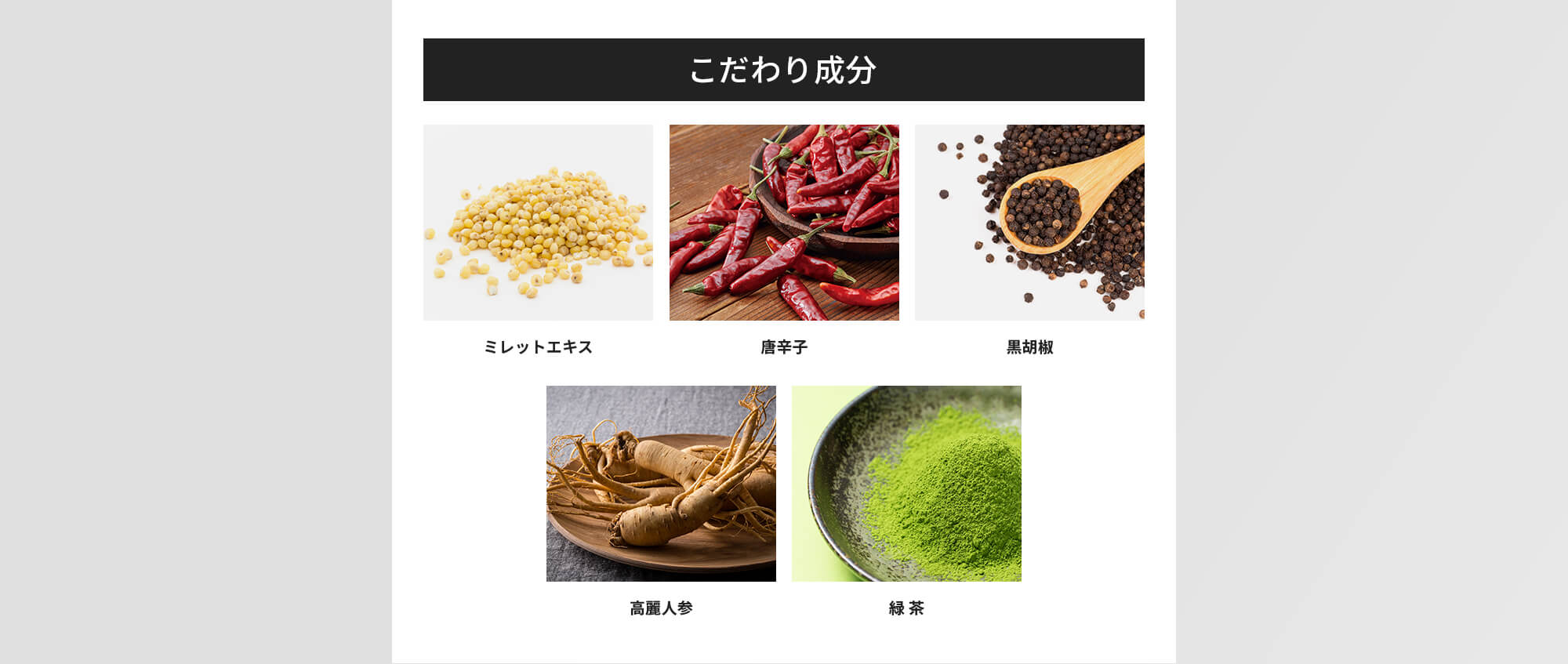 こだわり成分：ミレットエキス / 唐辛子 / 黒胡椒 / 高麗人参 / 緑茶